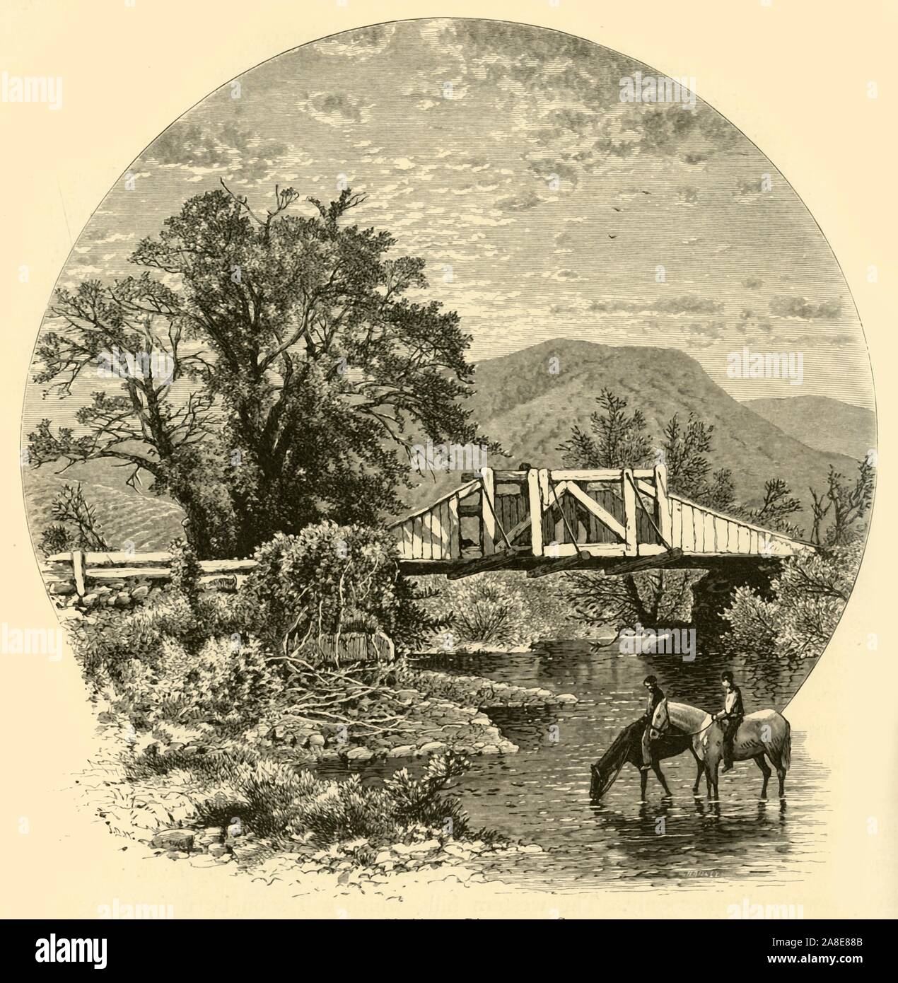 'Old Bridge, Blackberry River, near Canaan', 1874. Wooden bridge in Connecticut, USA. From &quot;Picturesque America; or, The Land We Live In, A Delineation by Pen and Pencil of the Mountains, Rivers, Lakes...with Illustrations on Steel and Wood by Eminent American Artists&quot; Vol. II, edited by William Cullen Bryant. [D. Appleton and Company, New York, 1874] Stock Photo