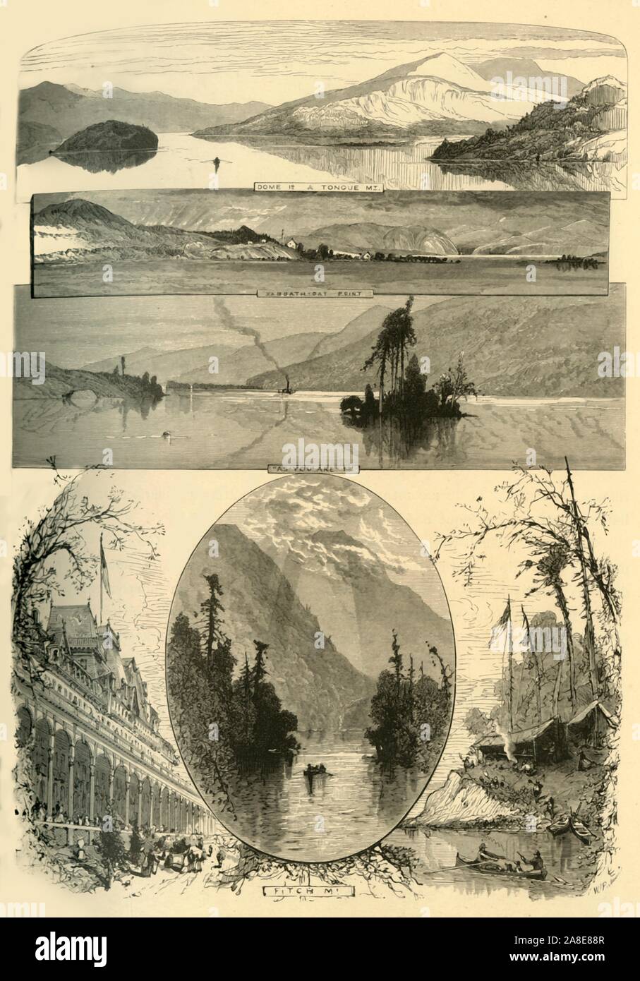'Scenes on Lake George', 1874. 'Dome Island &amp; Tongue Mountain, Sabbath Day Point, &quot;As You Are&quot; Island, Fitch Mountain', New York State, USA. From &quot;Picturesque America; or, The Land We Live In, A Delineation by Pen and Pencil of the Mountains, Rivers, Lakes...with Illustrations on Steel and Wood by Eminent American Artists&quot; Vol. II, edited by William Cullen Bryant. [D. Appleton and Company, New York, 1874] Stock Photo