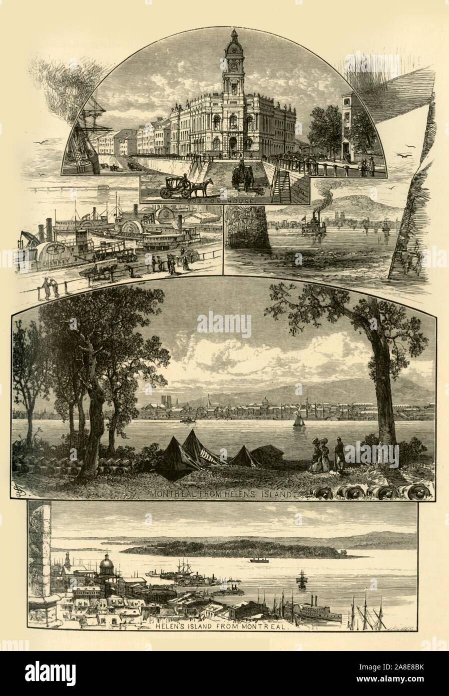 'Montreal', 1874. Views in the city of Montreal, Quebec, Canada: Custom House, paddle steamers on the Saint Lawrence River, Montreal from Helen's Island, and Helen's Island from Montreal. From &quot;Picturesque America; or, The Land We Live In, A Delineation by Pen and Pencil of the Mountains, Rivers, Lakes...with Illustrations on Steel and Wood by Eminent American Artists&quot; Vol. II, edited by William Cullen Bryant. [D. Appleton and Company, New York, 1874] Stock Photo