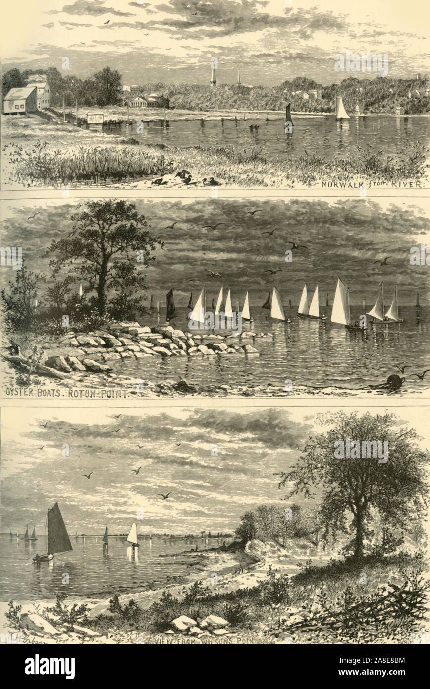 'Connecticut Shore Scenes', 1874. 'Norwalk from River; Oyster Boats, Roton Point; View from Wilson's Point', Connecticut, USA. Views around the coast of New England. 'Roton Point...is the resort, by eminence, of the festive parties from the town. It is admirably adapted for picnics, uniting extensive areas with fine groups of noble pines, and these flanked by a broad and beautiful beach'. From &quot;Picturesque America; or, The Land We Live In, A Delineation by Pen and Pencil of the Mountains, Rivers, Lakes...with Illustrations on Steel and Wood by Eminent American Artists&quot; Vol. II, edite Stock Photo