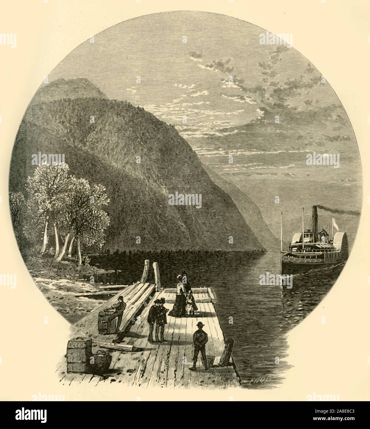 'Owl's Head Landing', 1874. Steamship arriving at a jetty on Lake Memphremagog, Quebec, Canada. '...the Owl's Head, a mountain surpassing others around the lake in form and size'. From &quot;Picturesque America; or, The Land We Live In, A Delineation by Pen and Pencil of the Mountains, Rivers, Lakes...with Illustrations on Steel and Wood by Eminent American Artists&quot; Vol. II, edited by William Cullen Bryant. [D. Appleton and Company, New York, 1874] Stock Photo
