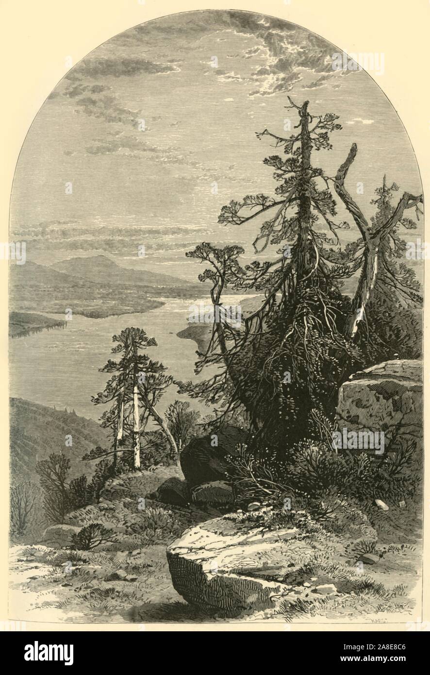 'Lake Memphremagog, North from Owl's Head', 1874. Mont Owl's Head is a mountain in Quebec, Canada. It is 747 metres (2,451 feet) high and overlooks Lake Memphremagog. From &quot;Picturesque America; or, The Land We Live In, A Delineation by Pen and Pencil of the Mountains, Rivers, Lakes...with Illustrations on Steel and Wood by Eminent American Artists&quot; Vol. II, edited by William Cullen Bryant. [D. Appleton and Company, New York, 1874] Stock Photo