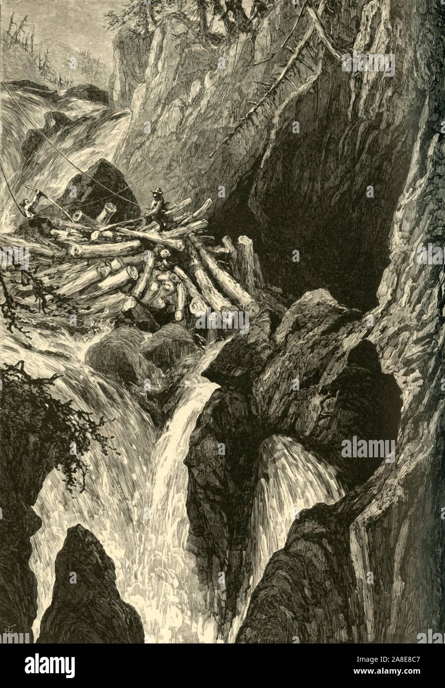 'Clearing a Jam, Great Falls of the Ausable', 1874. Loggers trying to shift cut tree trunks in the Ausable Chasm near Keeseville, New York State, USA. '...the Great Falls, one hundred and fifty feet high, surrounded by the wildest scenery. Below this the stream grows narrower and deeper, and rushes rapidly through the chasm, where, at the narrowest point, a wedged bowlder cramps the channel to the width of five or six feet. From the main stream branches run at right angles through fissures, down one of which, between almost perpendicular rocks a hundred feet high, hangs an equally steep stairw Stock Photo
