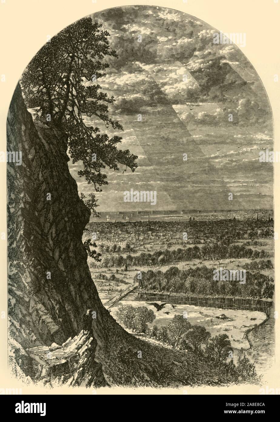 'New Haven, View from East Rock', 1874. Eagles on East Rock, with the Atlantic Ocean and the town of New Haven, Connecticut, USA, in the distance. From &quot;Picturesque America; or, The Land We Live In, A Delineation by Pen and Pencil of the Mountains, Rivers, Lakes...with Illustrations on Steel and Wood by Eminent American Artists&quot; Vol. II, edited by William Cullen Bryant. [D. Appleton and Company, New York, 1874] Stock Photo