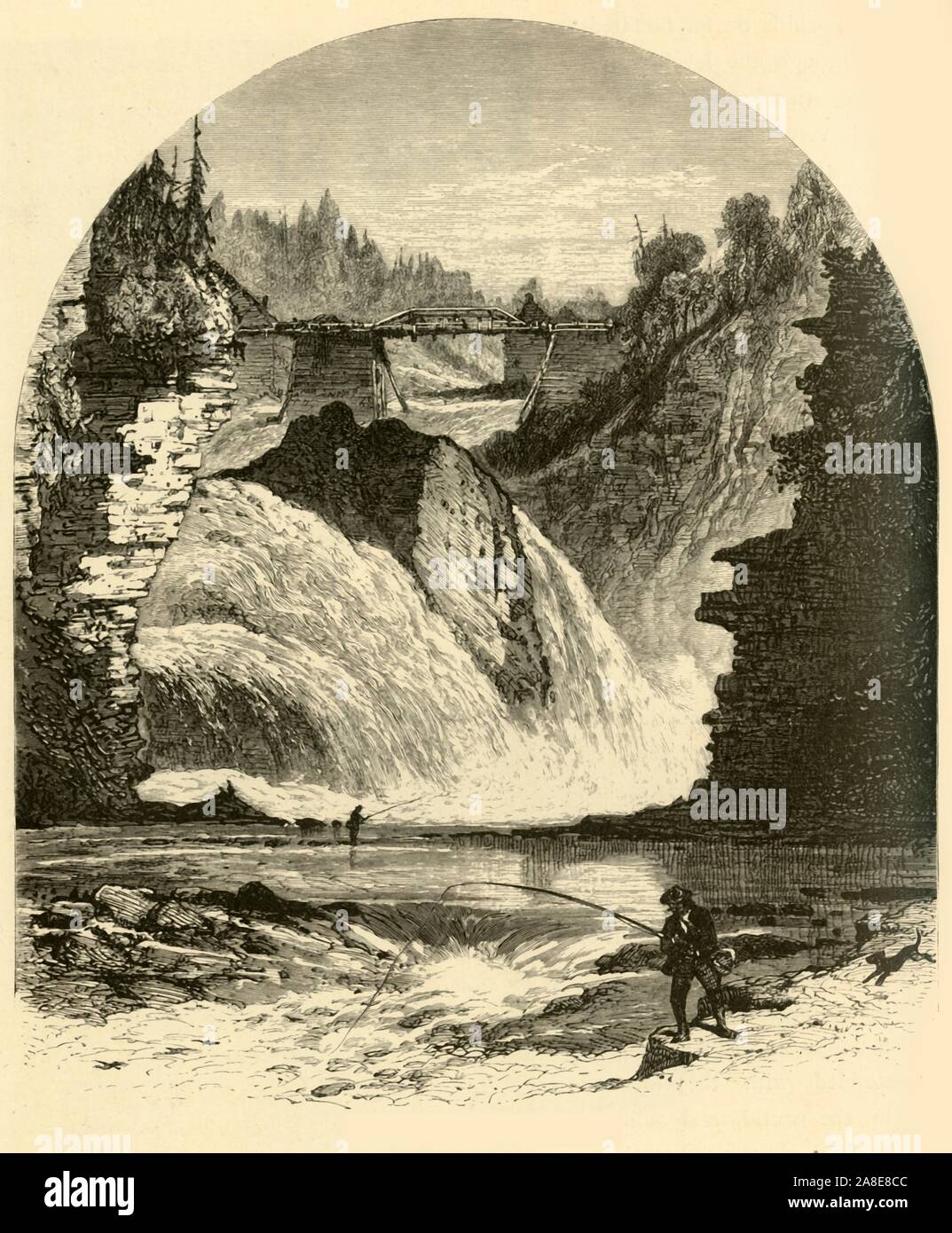 'Birmingham Falls, Ausable Chasm', 1874. Waterfall, (later renamed Rainbow Falls), in the Ausable Chasm near Keeseville, New York State, USA. '...the Ausable chasm, which afford some of the wildest and most impressive scenes to be found on this side of the Rocky Mountains. At the distance of a mile or so from Keeseville is Birmingham Falls, where the Ausable [river] descends about thirty feet into a semicircular basin of great beauty'. From &quot;Picturesque America; or, The Land We Live In, A Delineation by Pen and Pencil of the Mountains, Rivers, Lakes...with Illustrations on Steel and Wood Stock Photo
