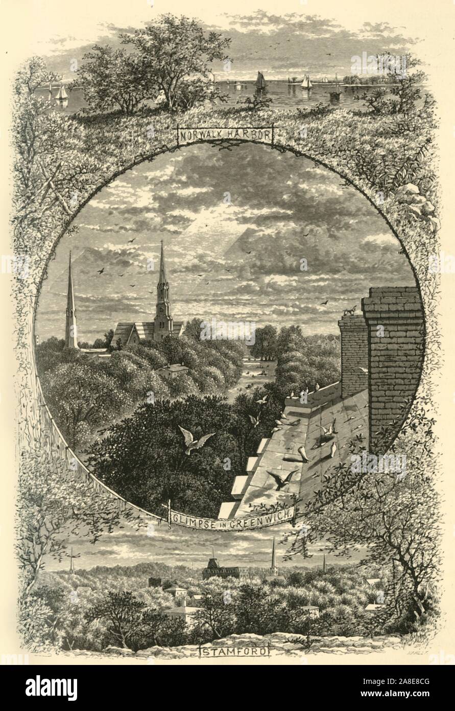 'Glimpses of Greenwich, Stamford, and Norwalk', 1874. 'Norwalk Harbor, Glimpse in Greenwich, Stamford', Connecticut, USA. 'About twenty miles from our great commercial metropolis lies the first station on the Connecticut shore, that of Greenwich, a very attractive village, occupying finely-wooded slopes just north of the station. Its antiquity is unquestionable; for, two centuries and a quarter ago, it was designated by the Dutch-English Commission, in convention at Hartford, as the western limit of the province of Connecticut'. From &quot;Picturesque America; or, The Land We Live In, A Deline Stock Photo