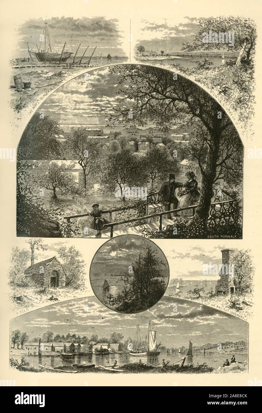 'Glimpses of South Norwalk and Southport', 1874. 'The Ways, Black Rock; View in Southport; South Norwalk; A Relic; An Ancient Landmark; Southport Harbor', Connecticut, USA. Views around the coast of New England. 'The &quot;Ancient Landmark&quot;...is believed to be the chimney of an old Revolutionary building of historic interest, and the subject of many legendary anecdotes. It presents some internal evidence of having been used as a place of concealment, perhaps by Tories hiding from pursuing colonists. Its preservation for so long a time in its ruined condition is said to be the result of go Stock Photo