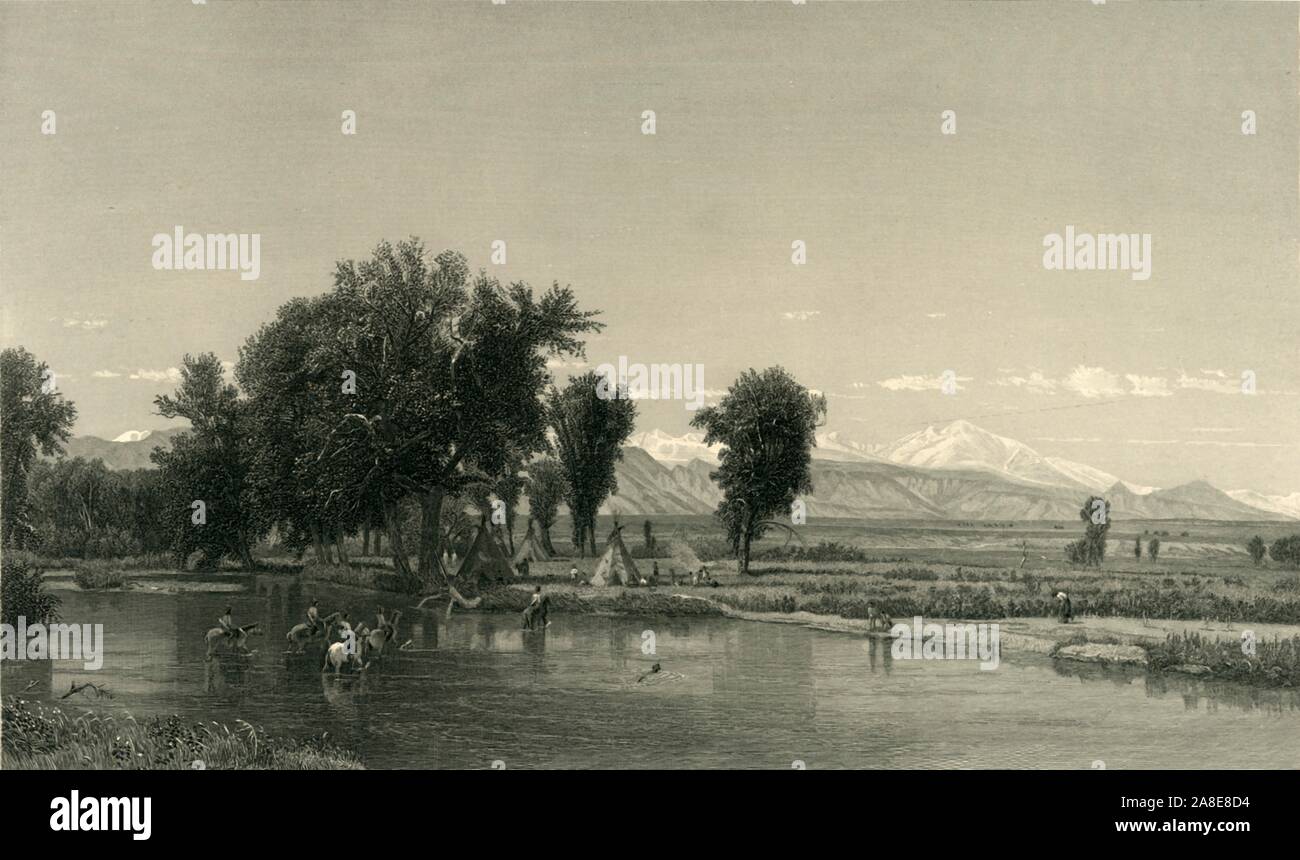 'The Rocky Mountains', 1874. Native Americans fording the Platte on horseback, Nebraska, USA. Steel engraving after 'Crossing the River Platte', painted in 1871 by Worthington Whittredge, hanging in the Roosevelt Room at White House, Washington DC. From &quot;Picturesque America; or, The Land We Live In, A Delineation by Pen and Pencil of the Mountains, Rivers, Lakes...with Illustrations on Steel and Wood by Eminent American Artists&quot; Vol. II, edited by William Cullen Bryant. [D. Appleton and Company, New York, 1874] Stock Photo