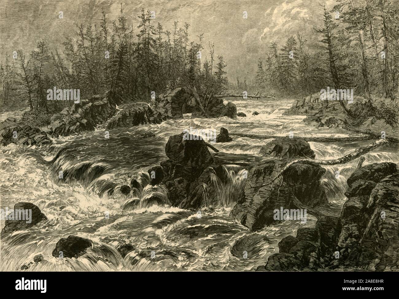 'The Dalles of the St. Louis', 1874. Rapids on the St Louis River which flows through Minnesota and Wisconsin, USA. '...Nature is harsh, rugged, and sombre, tearing her way in a water-course four miles long...The banks are formed of cold, gray slate-rocks, clad with an ample growth of bleak pine, and twisted, split, and torn into the wildest of shapes...the current surges with terrific force, leaping and eddying, and uttering a savage roar...Here and there an immense bowlder...is nearly hidden by the seething, hissing, foamy waves, which dance and struggle around and over it, sometimes submerg Stock Photo
