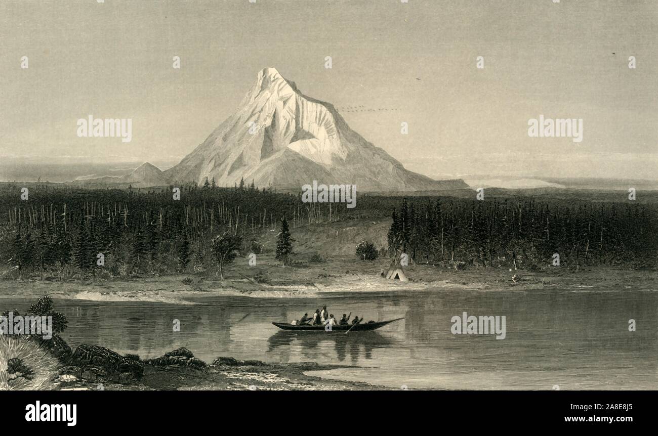 'Mount Hood, from the Columbia', 1872. View of the Columbia River and Mount Hood, a potentially active stratovolcano in Oregon, north western USA. From &quot;Picturesque America; or, The Land We Live In, A Delineation by Pen and Pencil of the Mountains, Rivers, Lakes...with Illustrations on Steel and Wood by Eminent American Artists&quot; Vol. I, edited by William Cullen Bryant. [D. Appleton and Company, New York, 1872] Stock Photo