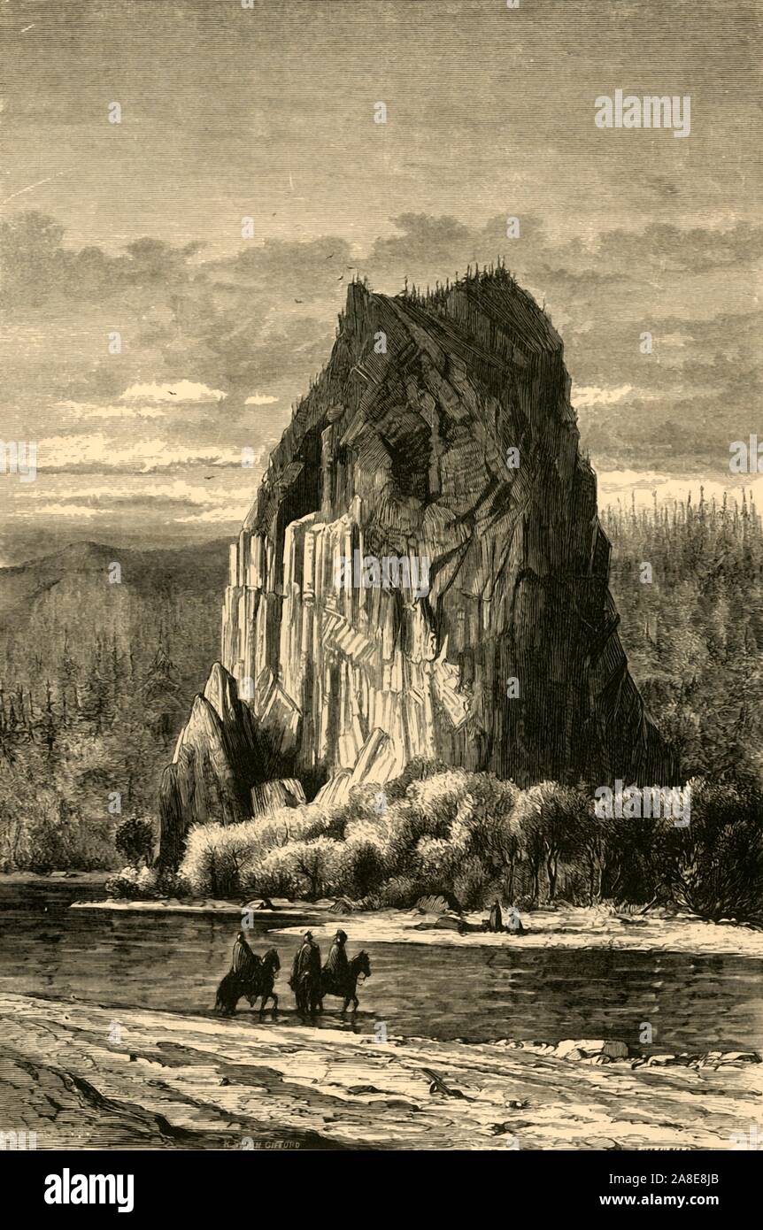 'Castle Rock', 1872. Rock formation on the Columbia River, USA: 'Rifted bowlders, like Castle Rock, stood alone, their base washed by the river, their heads upholding the sky'. From &quot;Picturesque America; or, The Land We Live In, A Delineation by Pen and Pencil of the Mountains, Rivers, Lakes...with Illustrations on Steel and Wood by Eminent American Artists&quot; Vol. I, edited by William Cullen Bryant. [D. Appleton and Company, New York, 1872] Stock Photo