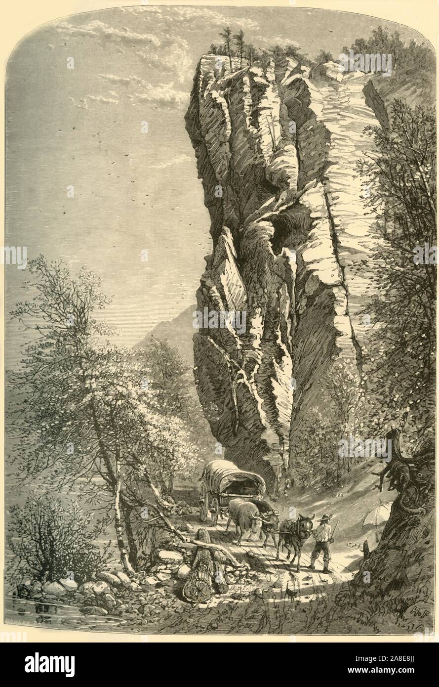 '&quot;The Lovers' Leap&quot; - At Early Sunrise', 1872. Ox cart at the bottom of a cliff ('Lovers' Leap'), on the French Broad River, USA. From &quot;Picturesque America; or, The Land We Live In, A Delineation by Pen and Pencil of the Mountains, Rivers, Lakes...with Illustrations on Steel and Wood by Eminent American Artists&quot; Vol. I, edited by William Cullen Bryant. [D. Appleton and Company, New York, 1872] Stock Photo