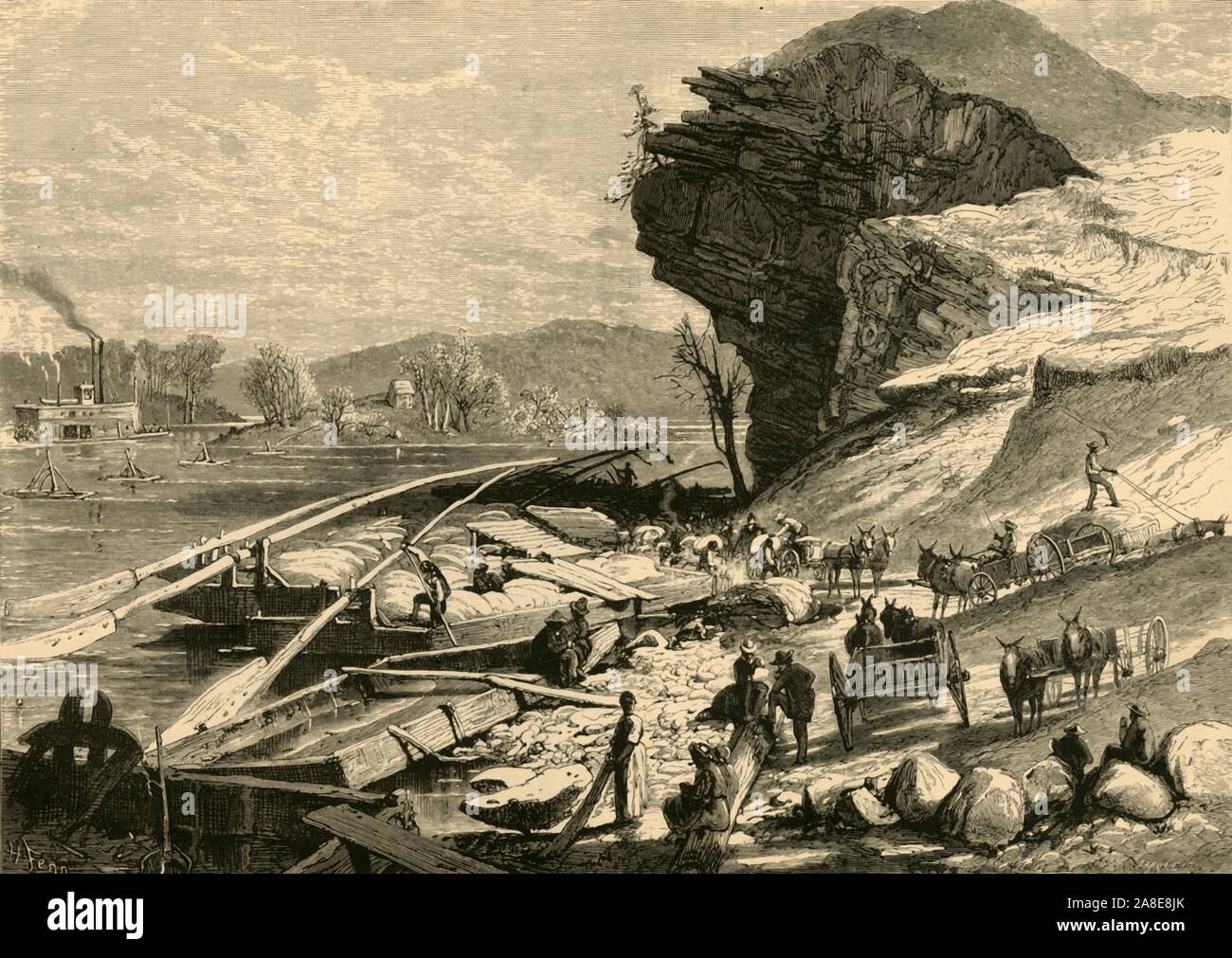 'The Tennessee at Chattanooga', 1872. Cargo boats on the Tennessee River, Chattanooga, Tennessee, USA. From &quot;Picturesque America; or, The Land We Live In, A Delineation by Pen and Pencil of the Mountains, Rivers, Lakes...with Illustrations on Steel and Wood by Eminent American Artists&quot; Vol. I, edited by William Cullen Bryant. [D. Appleton and Company, New York, 1872] Stock Photo