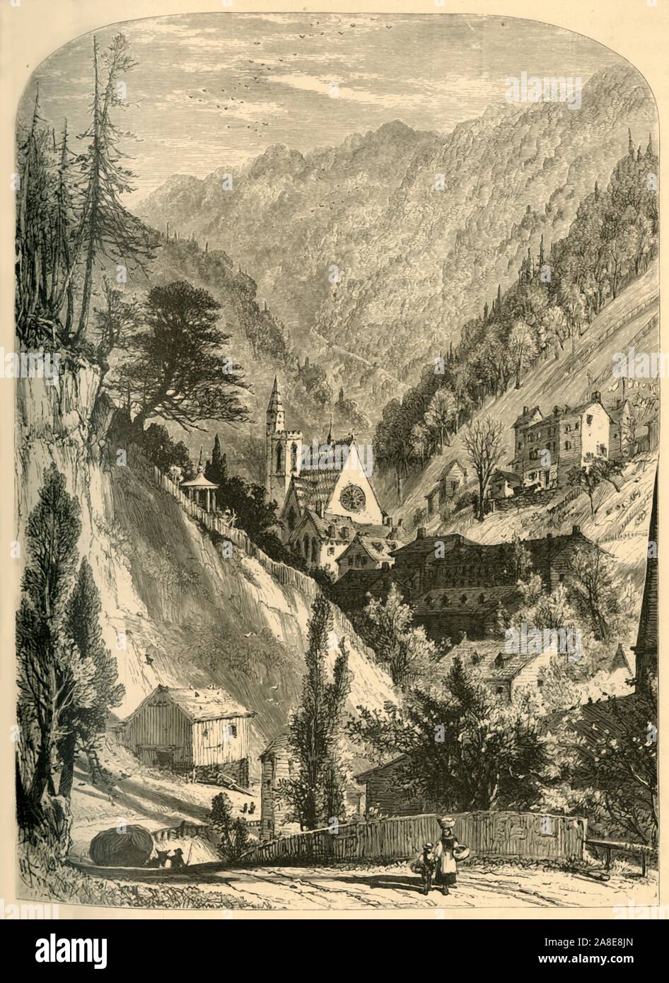 'Machu Chunk, from Foot of Mount Pisgah', 1872. View of the town of Mauch Chunk, the lower terminus of the Mauch Chunk and Summit railroad, Pennsylvania, USA. From &quot;Picturesque America; or, The Land We Live In, A Delineation by Pen and Pencil of the Mountains, Rivers, Lakes...with Illustrations on Steel and Wood by Eminent American Artists&quot; Vol. I, edited by William Cullen Bryant. [D. Appleton and Company, New York, 1872] Stock Photo