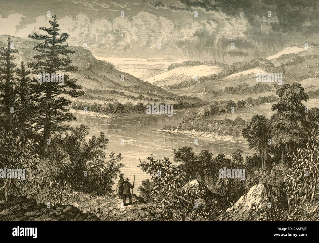 'Delaware Water-Gap, Looking South from Shawnee', 1872. View of the 'gap' where the Delaware River cuts through a ridge of the Appalachian Mountains on the border between New Jersey and Pennsylvania, USA. From &quot;Picturesque America; or, The Land We Live In, A Delineation by Pen and Pencil of the Mountains, Rivers, Lakes...with Illustrations on Steel and Wood by Eminent American Artists&quot; Vol. I, edited by William Cullen Bryant. [D. Appleton and Company, New York, 1872] Stock Photo