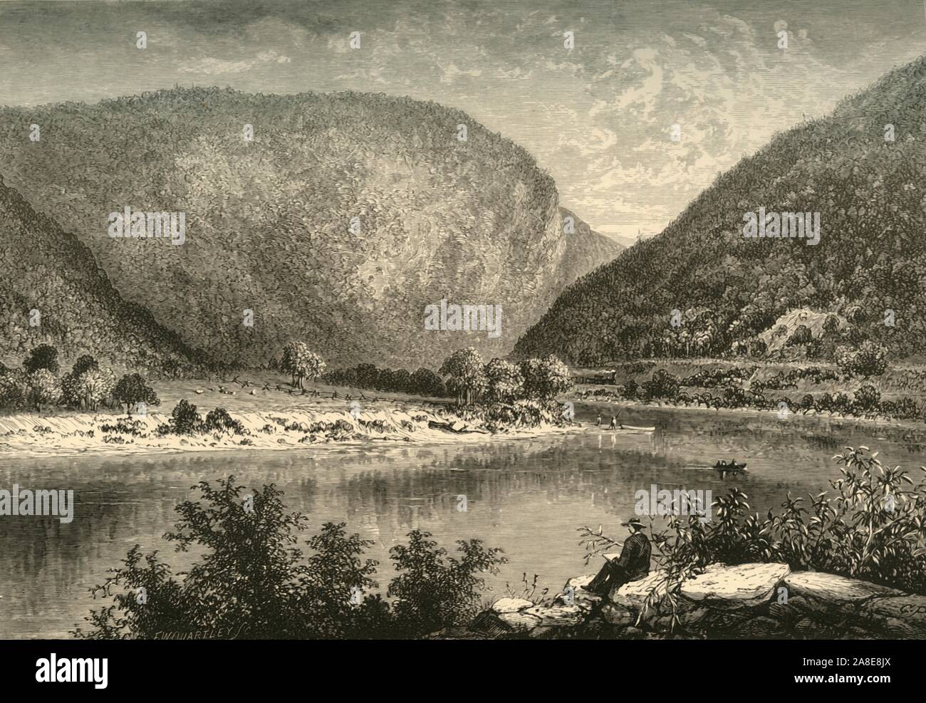 'Delaware Water-Gap', 1872. View of the 'gap' where the Delaware River cuts through a ridge of the Appalachian Mountains on the border between New Jersey and Pennsylvania, USA. From &quot;Picturesque America; or, The Land We Live In, A Delineation by Pen and Pencil of the Mountains, Rivers, Lakes...with Illustrations on Steel and Wood by Eminent American Artists&quot; Vol. I, edited by William Cullen Bryant. [D. Appleton and Company, New York, 1872] Stock Photo