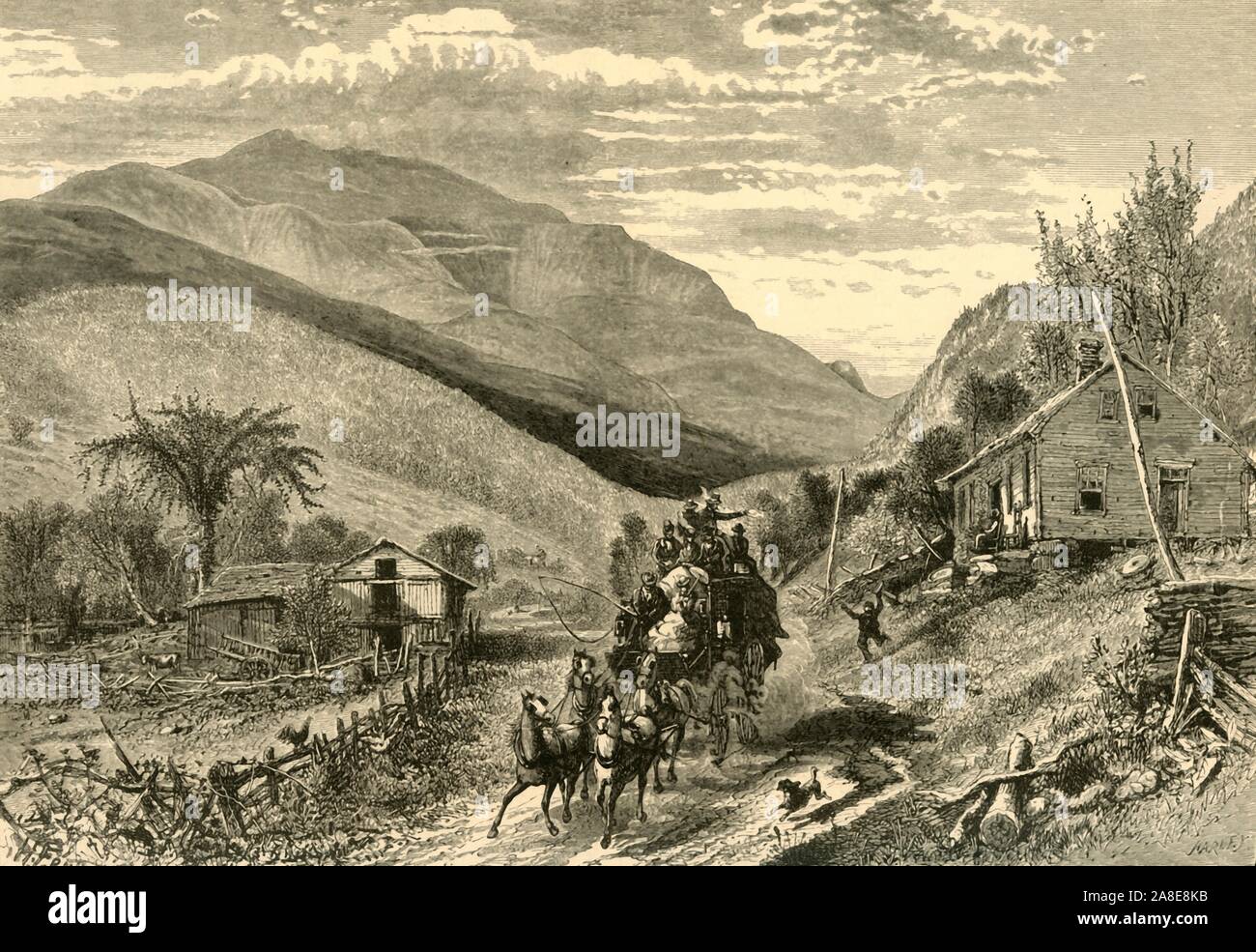 'Mount Washington, from the Conway Road', 1872. Packed stagecoach in the mountains of New Hampshire, USA. From &quot;Picturesque America; or, The Land We Live In, A Delineation by Pen and Pencil of the Mountains, Rivers, Lakes...with Illustrations on Steel and Wood by Eminent American Artists&quot; Vol. I, edited by William Cullen Bryant. [D. Appleton and Company, New York, 1872] Stock Photo