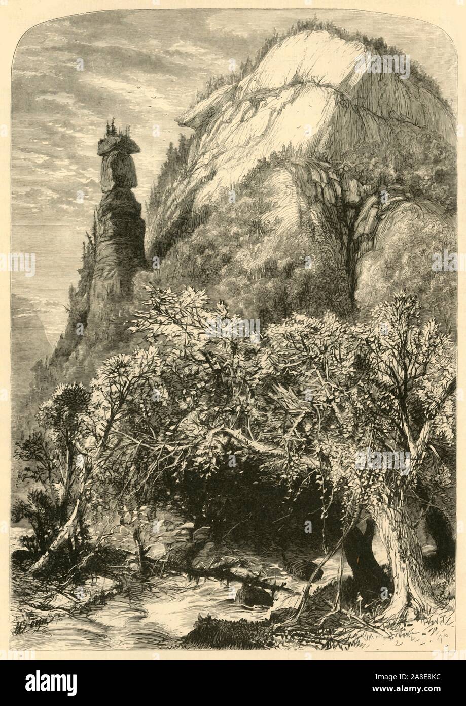 'Chimney Rock, Hickory-Nut Gap', 1872. Unusual rock formation in North Carolina, USA. From &quot;Picturesque America; or, The Land We Live In, A Delineation by Pen and Pencil of the Mountains, Rivers, Lakes...with Illustrations on Steel and Wood by Eminent American Artists&quot; Vol. I, edited by William Cullen Bryant. [D. Appleton and Company, New York, 1872] Stock Photo