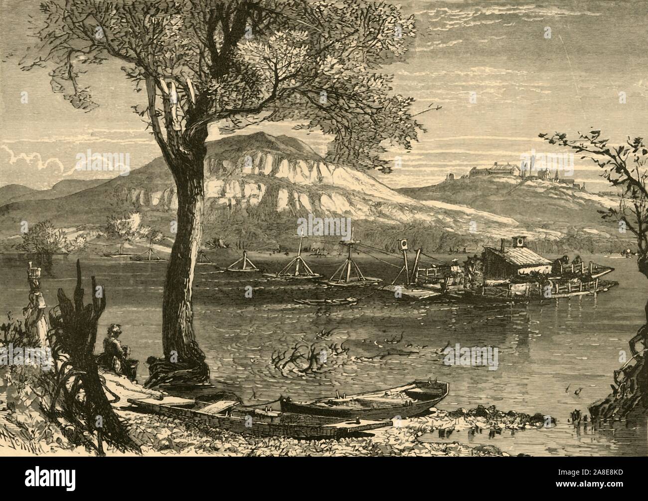 'Ferry at Chattanooga', 1872. Cable ferry across the Tennessee River near Chattanooga, Tennessee, USA. From &quot;Picturesque America; or, The Land We Live In, A Delineation by Pen and Pencil of the Mountains, Rivers, Lakes...with Illustrations on Steel and Wood by Eminent American Artists&quot; Vol. I, edited by William Cullen Bryant. [D. Appleton and Company, New York, 1872] Stock Photo