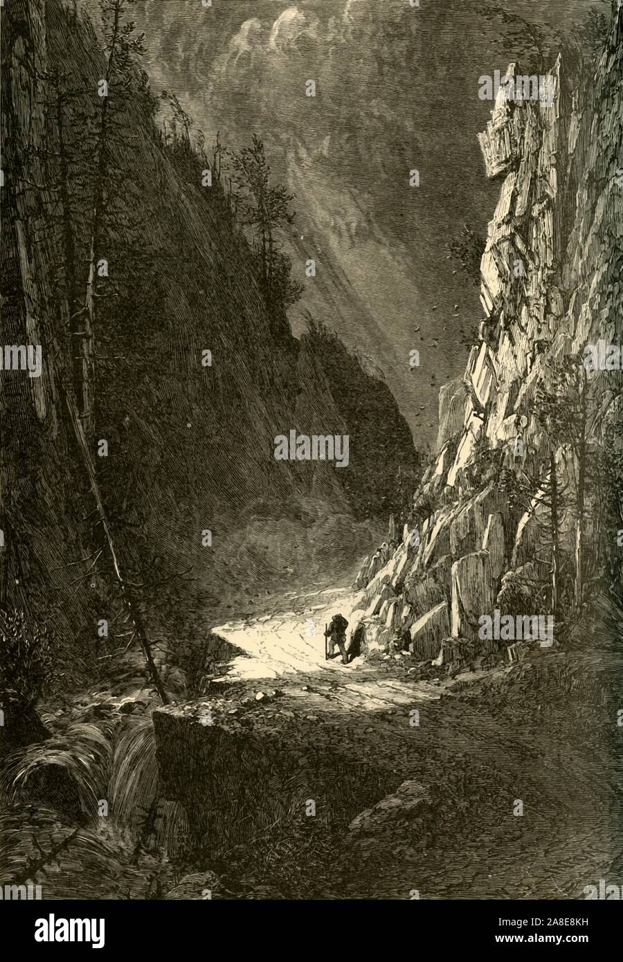 'Gate of the Crawford Notch', 1872. Mountain pass and rushing stream in the White Mountains, New Hampshire, USA. From &quot;Picturesque America; or, The Land We Live In, A Delineation by Pen and Pencil of the Mountains, Rivers, Lakes...with Illustrations on Steel and Wood by Eminent American Artists&quot; Vol. I, edited by William Cullen Bryant. [D. Appleton and Company, New York, 1872] Stock Photo