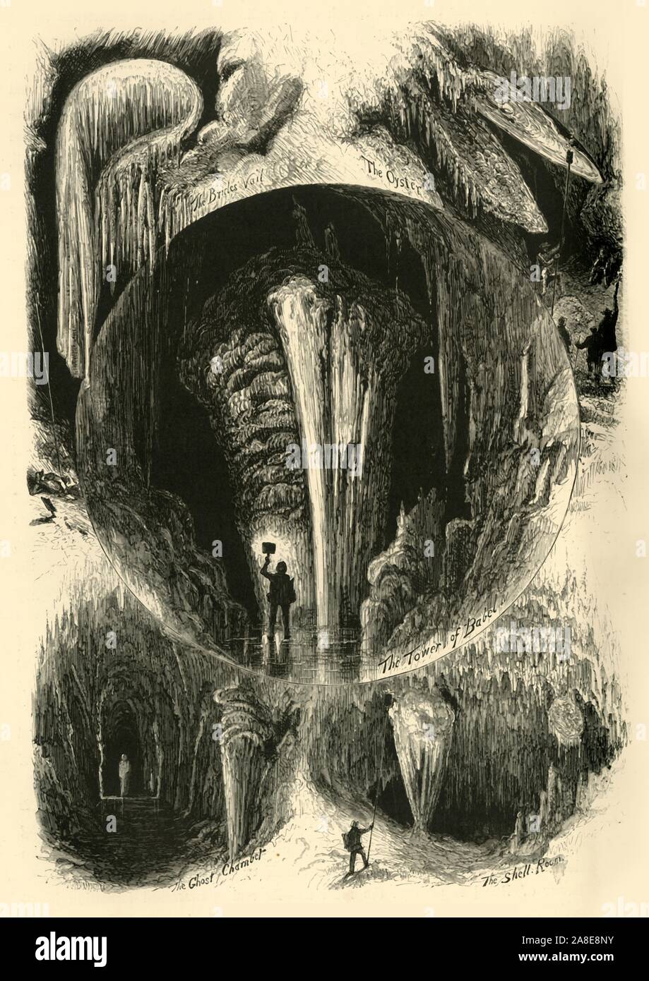 'Chambers in Weyer's Cave', 1872. 'The Bride's Veil, The Oyster, The Tower of Babel, The Ghost Chamber, The Shell Room': rock formations in Weyer's Cave, (later known as the Grand Caverns) in the town of Grottoes, Virginia, USA. From &quot;Picturesque America; or, The Land We Live In, A Delineation by Pen and Pencil of the Mountains, Rivers, Lakes...with Illustrations on Steel and Wood by Eminent American Artists&quot; Vol. I, edited by William Cullen Bryant. [D. Appleton and Company, New York, 1872] Stock Photo