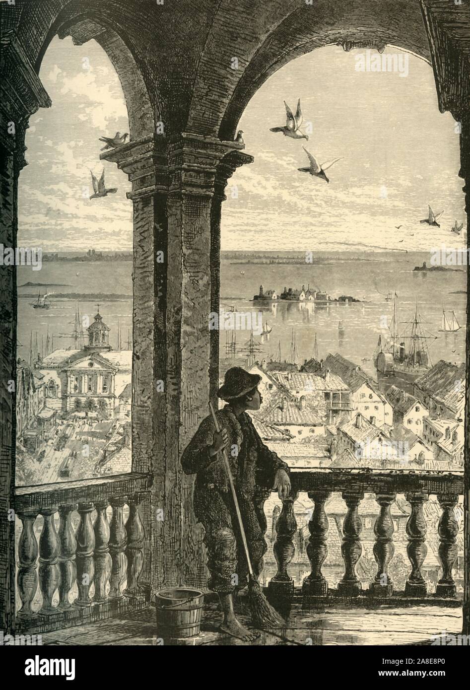 'A Glimpse of Charleston and Bay, from St. Michael's Church', 1872. View of the town of Charleston and the Atlantic Ocean, South Carolina, USA. The church of St Michael was erected in the 1750s. From &quot;Picturesque America; or, The Land We Live In, A Delineation by Pen and Pencil of the Mountains, Rivers, Lakes...with Illustrations on Steel and Wood by Eminent American Artists&quot; Vol. I, edited by William Cullen Bryant. [D. Appleton and Company, New York, 1872] Stock Photo