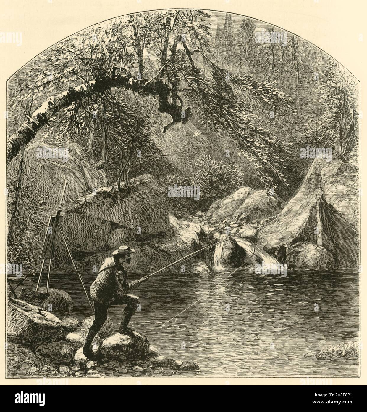'Emerald Pool, Peabody-River Glen', 1872. An artist takes a break from painting to fish in a river in the White Mountains, New Hampshire, USA. This is possibly a self portrait of the English-born American illustrator and engraver Harry Fenn (1845-1911), whose initials appear on the open lid of the paintbox. From &quot;Picturesque America; or, The Land We Live In, A Delineation by Pen and Pencil of the Mountains, Rivers, Lakes...with Illustrations on Steel and Wood by Eminent American Artists&quot; Vol. I, edited by William Cullen Bryant. [D. Appleton and Company, New York, 1872] Stock Photo