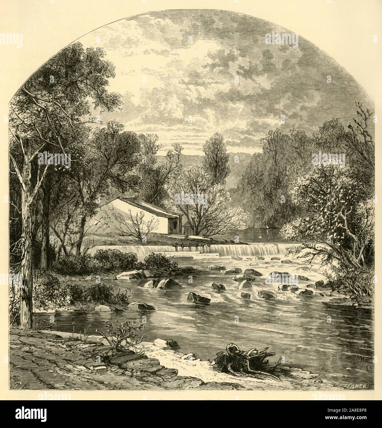 'Upper Powder-Works', 1872. Gunpowder mill on the Brandywine Creek, Delaware, USA. The Eleutherian Mills, used for the manufacture of explosives, were founded by the Du Pont family in the early 19th century. From &quot;Picturesque America; or, The Land We Live In, A Delineation by Pen and Pencil of the Mountains, Rivers, Lakes...with Illustrations on Steel and Wood by Eminent American Artists&quot; Vol. I, edited by William Cullen Bryant. [D. Appleton and Company, New York, 1872] Stock Photo