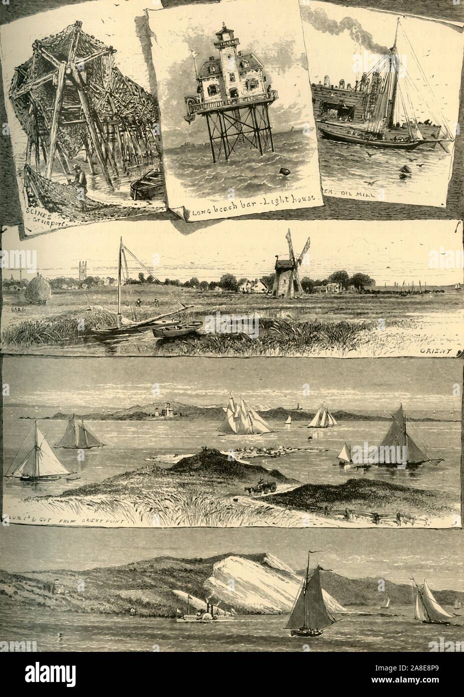 'Eastern Long Island Scenes', 1872. Views around Long Island, New York State, USA: 'Seines [fishing nets], Greenport; Long beach bar - lighthouse; oil mill, Orient; Plum Island &amp; Gut from Orient Point, (this name is popularly spelled &quot;Plum&quot;); White Hill, Shelter Island. From &quot;Picturesque America; or, The Land We Live In, A Delineation by Pen and Pencil of the Mountains, Rivers, Lakes...with Illustrations on Steel and Wood by Eminent American Artists&quot; Vol. I, edited by William Cullen Bryant. [D. Appleton and Company, New York, 1872] Stock Photo
