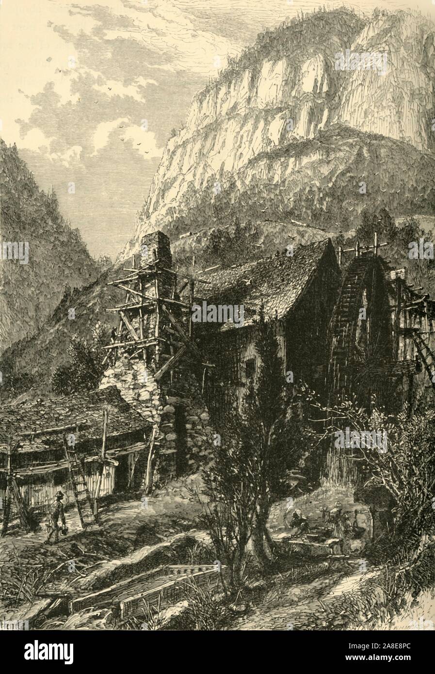 'Cumberland Gap, from the East', 1872. Watermill near the pass through the Cumberland Mountains on the border of Kentucky and Virginia, USA. The chimney is clad in timber scaffolding. Women are doing laundry in the foreground. From &quot;Picturesque America; or, The Land We Live In, A Delineation by Pen and Pencil of the Mountains, Rivers, Lakes...with Illustrations on Steel and Wood by Eminent American Artists&quot; Vol. I, edited by William Cullen Bryant. [D. Appleton and Company, New York, 1872] Stock Photo