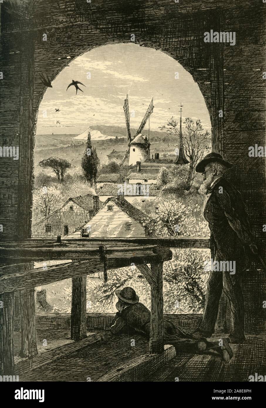 'East Hampton, from the Church Belfry', 1872. View of Hook Windmill, built in 1806, in the town of East Hampton, New York State, USA. From &quot;Picturesque America; or, The Land We Live In, A Delineation by Pen and Pencil of the Mountains, Rivers, Lakes...with Illustrations on Steel and Wood by Eminent American Artists&quot; Vol. I, edited by William Cullen Bryant. [D. Appleton and Company, New York, 1872] Stock Photo