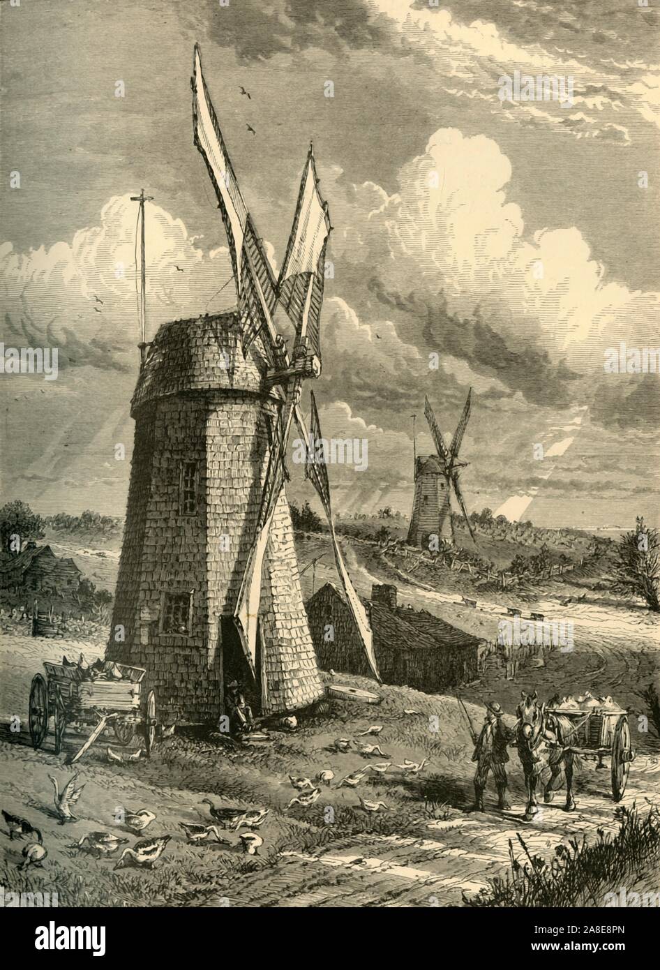 'Grist Wind-Mills at East Hampton', 1872. View of gristmills (used to grind cereal grain), in East Hampton, New York State, USA. From &quot;Picturesque America; or, The Land We Live In, A Delineation by Pen and Pencil of the Mountains, Rivers, Lakes...with Illustrations on Steel and Wood by Eminent American Artists&quot; Vol. I, edited by William Cullen Bryant. [D. Appleton and Company, New York, 1872] Stock Photo