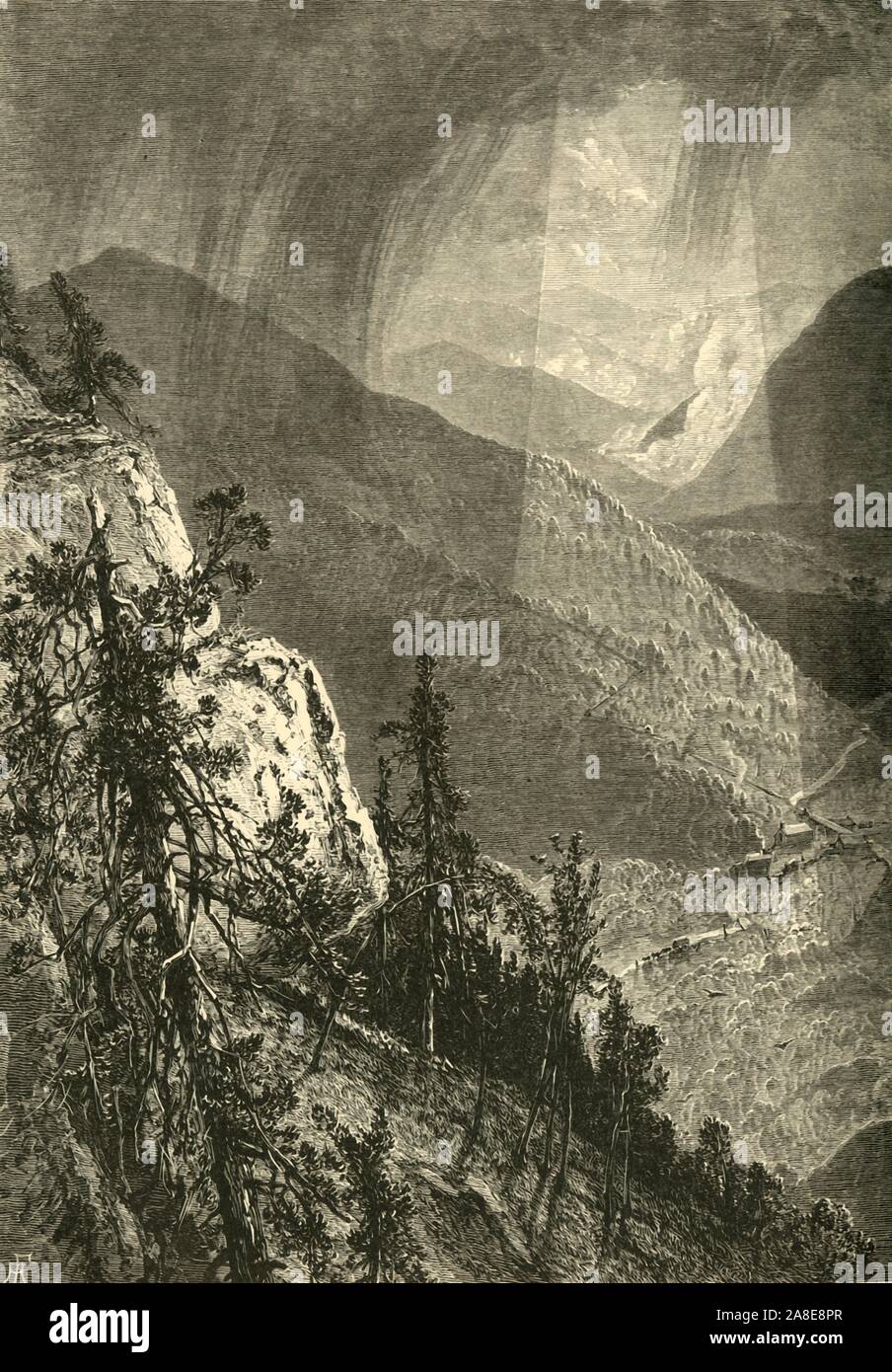 'Cumberland Gap, from Eagle Cliff', 1872. View of the pass through the Cumberland Mountains on the border of Kentucky and Virginia, USA. Covered wagons can be seen on the winding mountain road. From &quot;Picturesque America; or, The Land We Live In, A Delineation by Pen and Pencil of the Mountains, Rivers, Lakes...with Illustrations on Steel and Wood by Eminent American Artists&quot; Vol. I, edited by William Cullen Bryant. [D. Appleton and Company, New York, 1872] Stock Photo