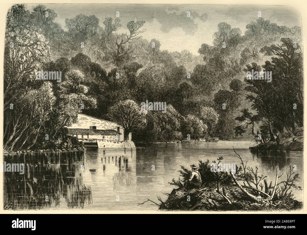 'Powder-Mills', 1872. Gunpowder mill on the Brandywine Creek, Delaware, USA. The Eleutherian Mills, used for the manufacture of explosives, were founded by the Du Pont family in the early 19th century. From &quot;Picturesque America; or, The Land We Live In, A Delineation by Pen and Pencil of the Mountains, Rivers, Lakes...with Illustrations on Steel and Wood by Eminent American Artists&quot; Vol. I, edited by William Cullen Bryant. [D. Appleton and Company, New York, 1872] Stock Photo
