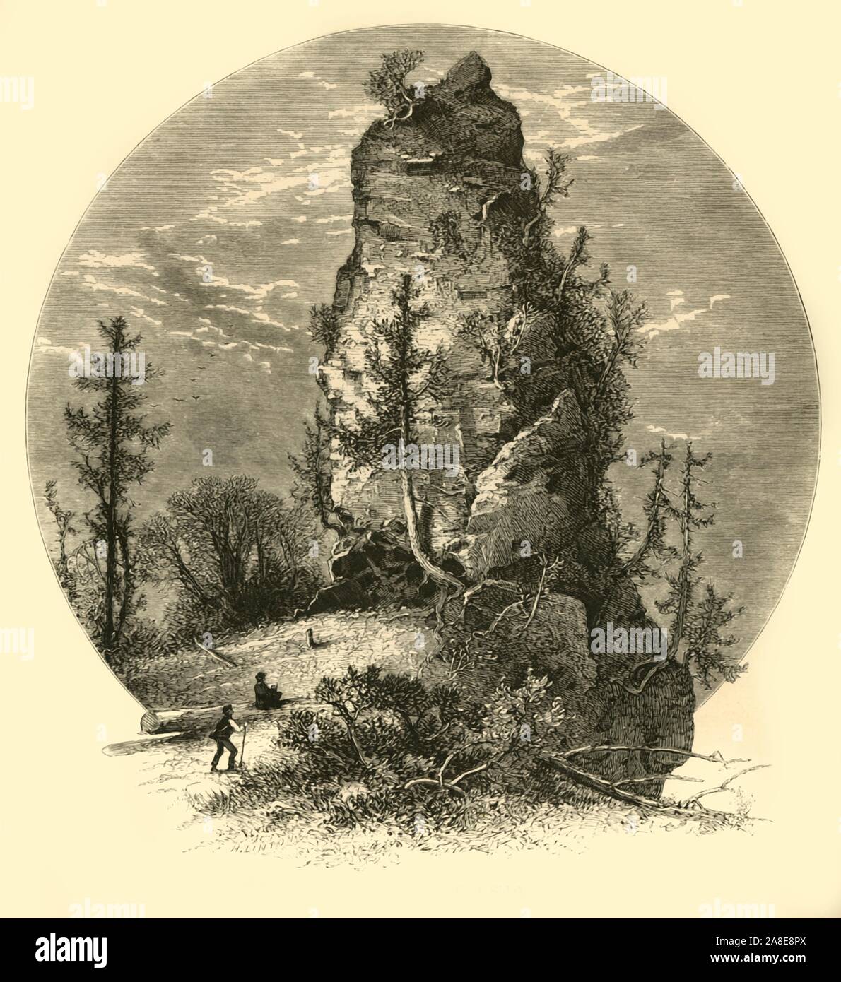 'Sugar-Loaf Rock - (East Side)', 1872. 75-foot-high rock stack formed by post-glacial erosion on Mackinac Island, Lake Huron, Michigan, USA. From &quot;Picturesque America; or, The Land We Live In, A Delineation by Pen and Pencil of the Mountains, Rivers, Lakes...with Illustrations on Steel and Wood by Eminent American Artists&quot; Vol. I, edited by William Cullen Bryant. [D. Appleton and Company, New York, 1872] Stock Photo
