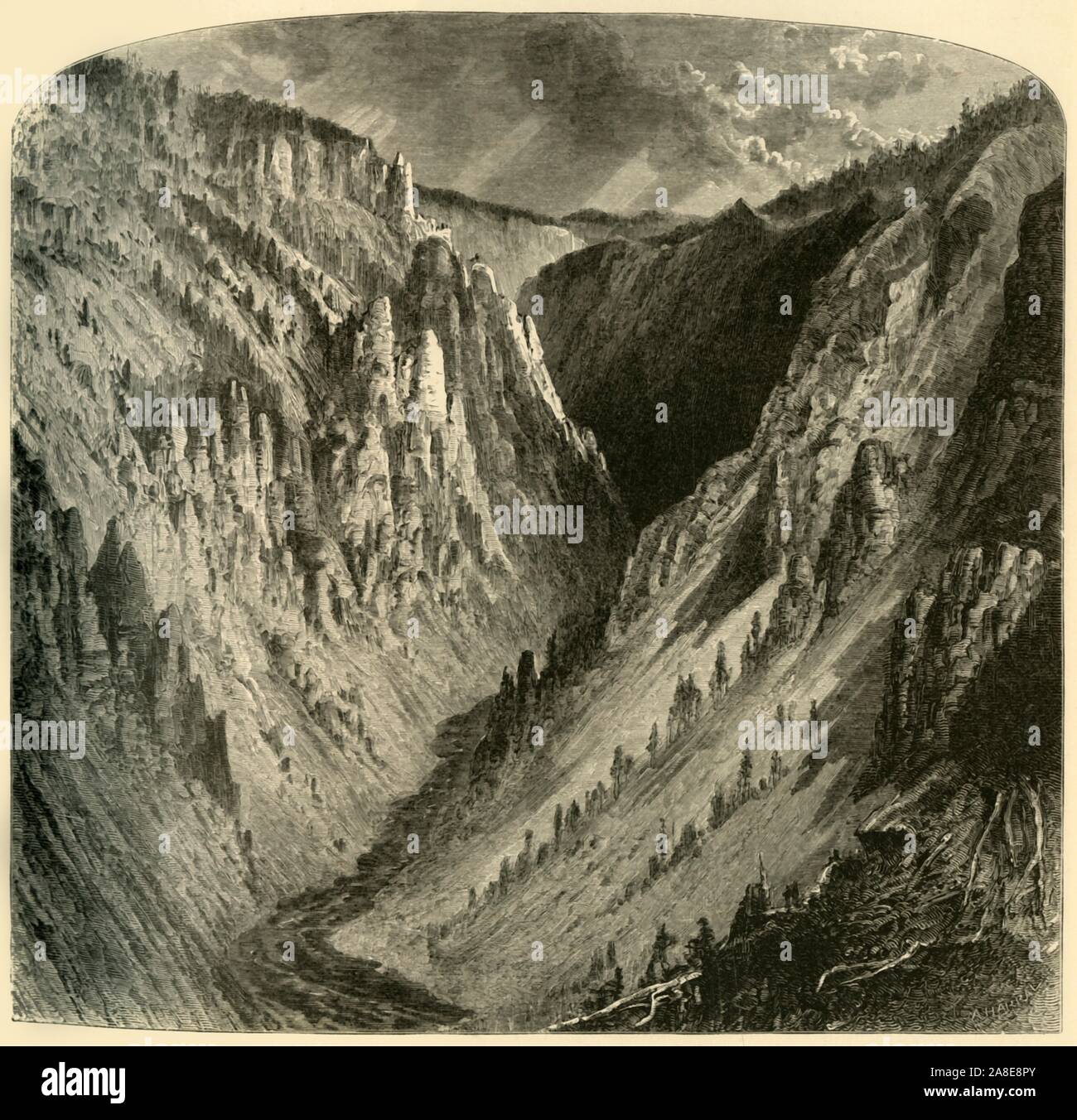 'Ca&#xf1;on of the Yellowstone', 1872. Canyon in Yellowstone National Park, USA. From &quot;Picturesque America; or, The Land We Live In, A Delineation by Pen and Pencil of the Mountains, Rivers, Lakes...with Illustrations on Steel and Wood by Eminent American Artists&quot; Vol. I, edited by William Cullen Bryant. [D. Appleton and Company, New York, 1872] Stock Photo