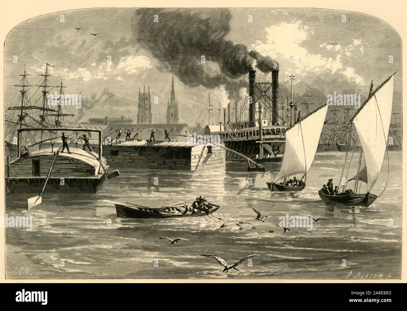 'The Mississippi at New Orleans', 1872. Sailing boats and paddle steamers on the Mississippi River at the port of New Orleans, Louisiana, USA. From &quot;Picturesque America; or, The Land We Live In, A Delineation by Pen and Pencil of the Mountains, Rivers, Lakes...with Illustrations on Steel and Wood by Eminent American Artists&quot; Vol. I, edited by William Cullen Bryant. [D. Appleton and Company, New York, 1872] Stock Photo