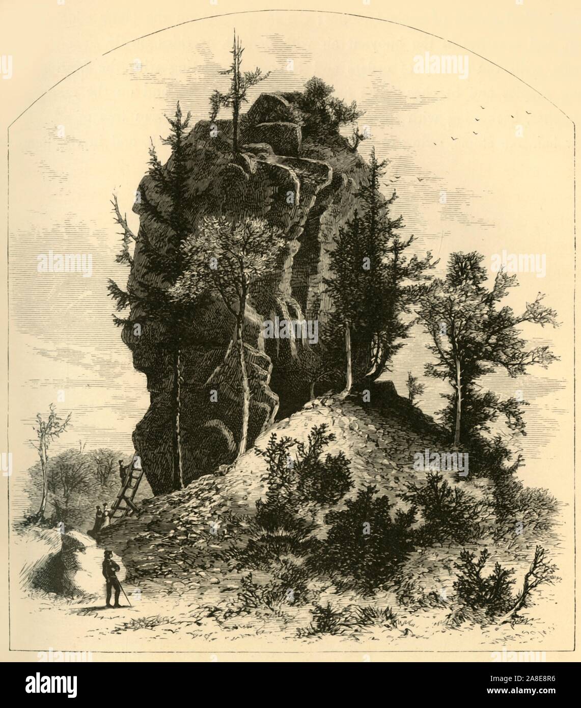 'Sugar-Loaf Rock - (West Side)', 1872. 75-foot-high rock stack formed by post-glacial erosion on Mackinac Island, Lake Huron, Michigan, USA. From &quot;Picturesque America; or, The Land We Live In, A Delineation by Pen and Pencil of the Mountains, Rivers, Lakes...with Illustrations on Steel and Wood by Eminent American Artists&quot; Vol. I, edited by William Cullen Bryant. [D. Appleton and Company, New York, 1872] Stock Photo