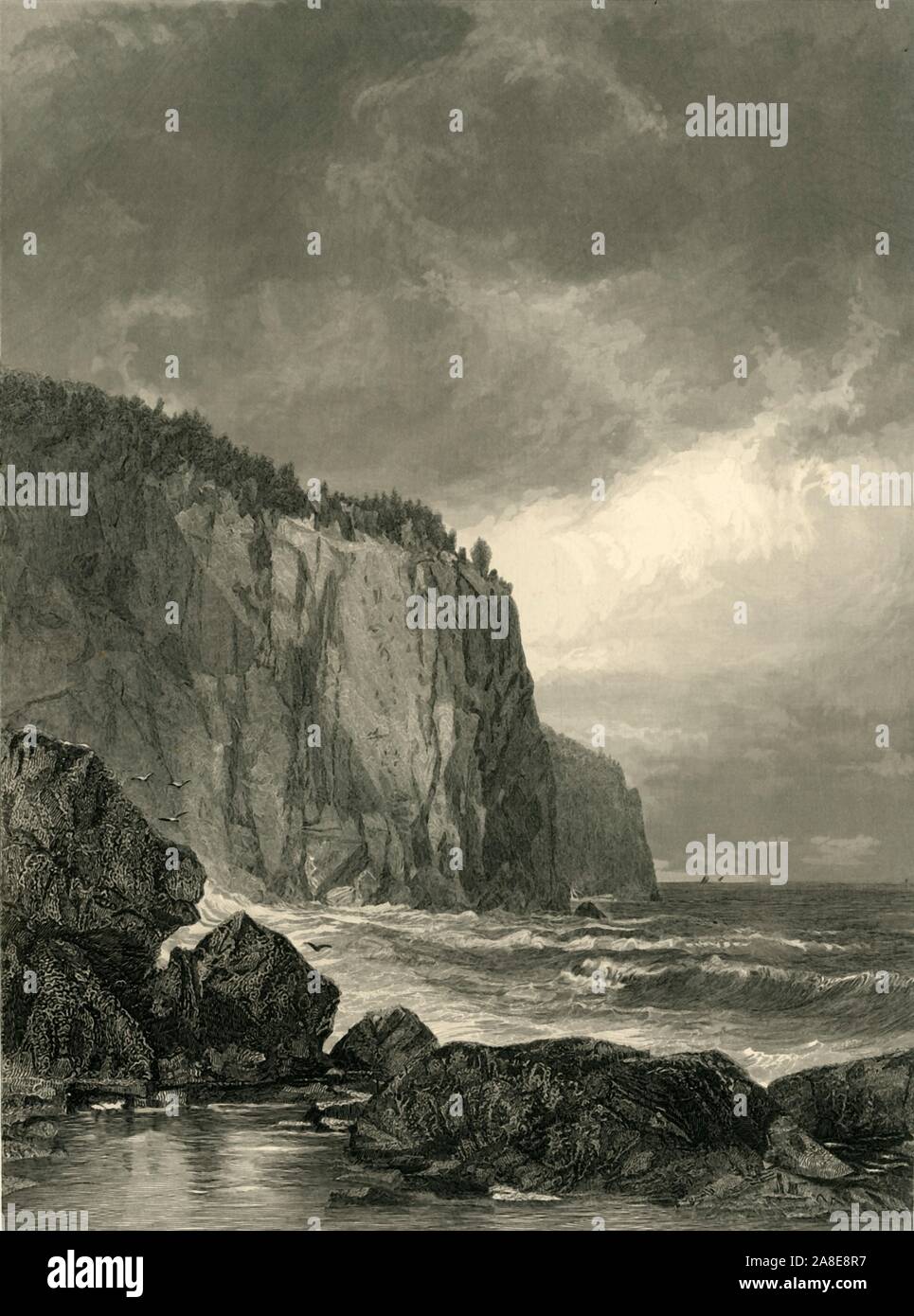 'Lake Superior, (Entrance to Baptism Bay)', 1872. View of the shore of Lake Superior where the Baptism River empties into it, Minnesota, USA. From &quot;Picturesque America; or, The Land We Live In, A Delineation by Pen and Pencil of the Mountains, Rivers, Lakes...with Illustrations on Steel and Wood by Eminent American Artists&quot; Vol. I, edited by William Cullen Bryant. [D. Appleton and Company, New York, 1872] Stock Photo
