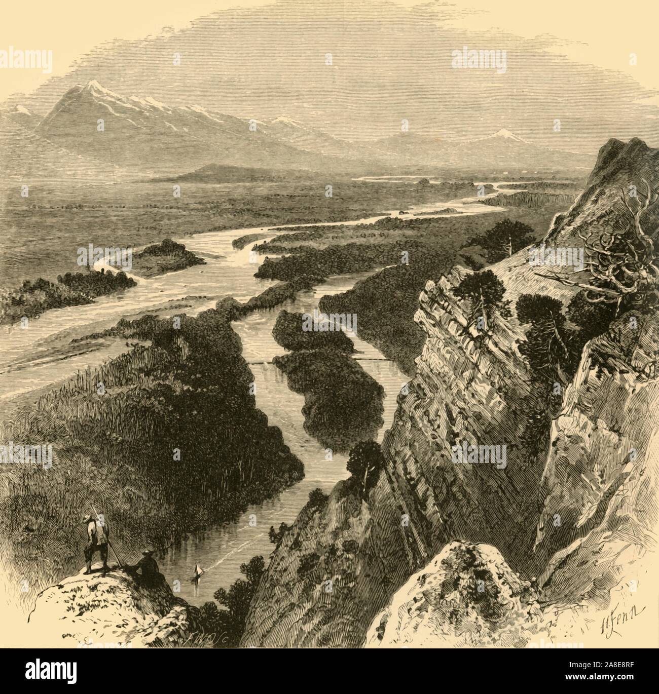'The Yellowstone', 1872. View of the Yellowstone River, a tributary of the Missouri River, in the western USA. The river flows from the Rocky Mountains into southern Montana and northern Wyoming. From &quot;Picturesque America; or, The Land We Live In, A Delineation by Pen and Pencil of the Mountains, Rivers, Lakes...with Illustrations on Steel and Wood by Eminent American Artists&quot; Vol. I, edited by William Cullen Bryant. [D. Appleton and Company, New York, 1872] Stock Photo
