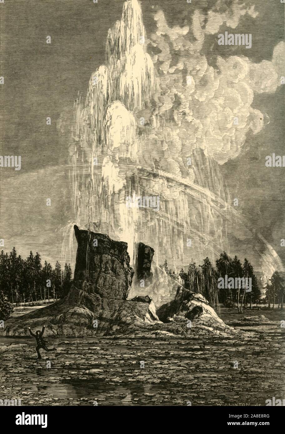 'The Giant Geyser', 1872. Geothermal feature in Yellowstone National Park, Wyoming, USA. '... a tremendous geyser, which has been called the Giant. It throws a column of water the size of the opening to the measured altitude of one hundred and thirty feet, and continues the display for an hour and a half. The amount of water discharged was immense, about equal in quantity to that in the river, the volume of which, during the eruption, was doubled'. From &quot;Picturesque America; or, The Land We Live In, A Delineation by Pen and Pencil of the Mountains, Rivers, Lakes...with Illustrations on St Stock Photo