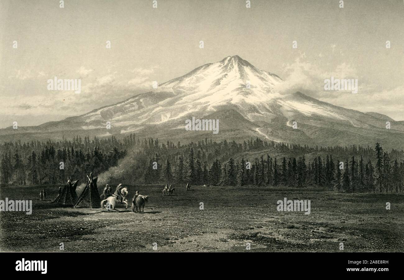 'Mount Shasta', 1872. View of Mount Shasta, a potentially active volcano in the Cascade Range in Siskiyou County, California, USA. From &quot;Picturesque America; or, The Land We Live In, A Delineation by Pen and Pencil of the Mountains, Rivers, Lakes...with Illustrations on Steel and Wood by Eminent American Artists&quot; Vol. I, edited by William Cullen Bryant. [D. Appleton and Company, New York, 1872] Stock Photo