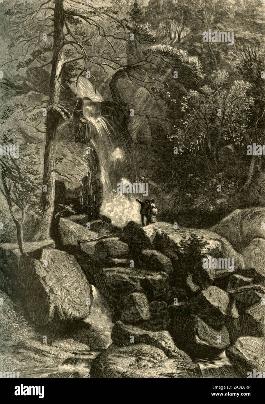 'Purgatory Falls, Head-Waters of the Roanoke', 1872. Waterfall at the source of the Roanoke River, Blue Ridge Mountains, Virginia, USA. From &quot;Picturesque America; or, The Land We Live In, A Delineation by Pen and Pencil of the Mountains, Rivers, Lakes...with Illustrations on Steel and Wood by Eminent American Artists&quot; Vol. I, edited by William Cullen Bryant. [D. Appleton and Company, New York, 1872] Stock Photo