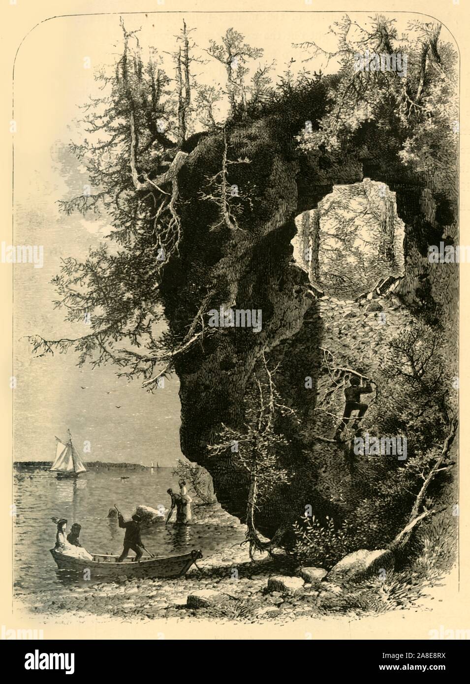 'Fairy Arch', 1872. Tourists visit an unusual rock formation on Mackinac Island, Lake Huron, Michigan, USA. From &quot;Picturesque America; or, The Land We Live In, A Delineation by Pen and Pencil of the Mountains, Rivers, Lakes...with Illustrations on Steel and Wood by Eminent American Artists&quot; Vol. I, edited by William Cullen Bryant. [D. Appleton and Company, New York, 1872] Stock Photo