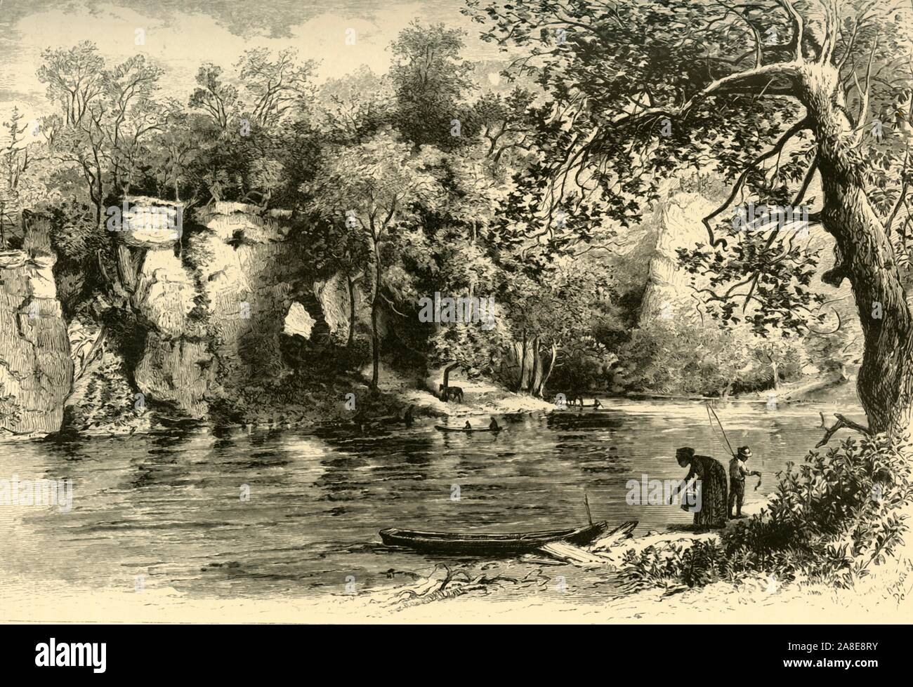 'New River at Eggleston's Springs', 1872. Peaceful scene in Virginia, USA. From &quot;Picturesque America; or, The Land We Live In, A Delineation by Pen and Pencil of the Mountains, Rivers, Lakes...with Illustrations on Steel and Wood by Eminent American Artists&quot; Vol. I, edited by William Cullen Bryant. [D. Appleton and Company, New York, 1872] Stock Photo