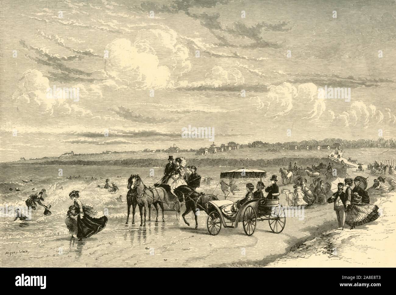 'On the Beach', 1872. People take the air at Newport, Rhode Island, USA. From &quot;Picturesque America; or, The Land We Live In, A Delineation by Pen and Pencil of the Mountains, Rivers, Lakes...with Illustrations on Steel and Wood by Eminent American Artists&quot; Vol. I, edited by William Cullen Bryant. [D. Appleton and Company, New York, 1872] Stock Photo