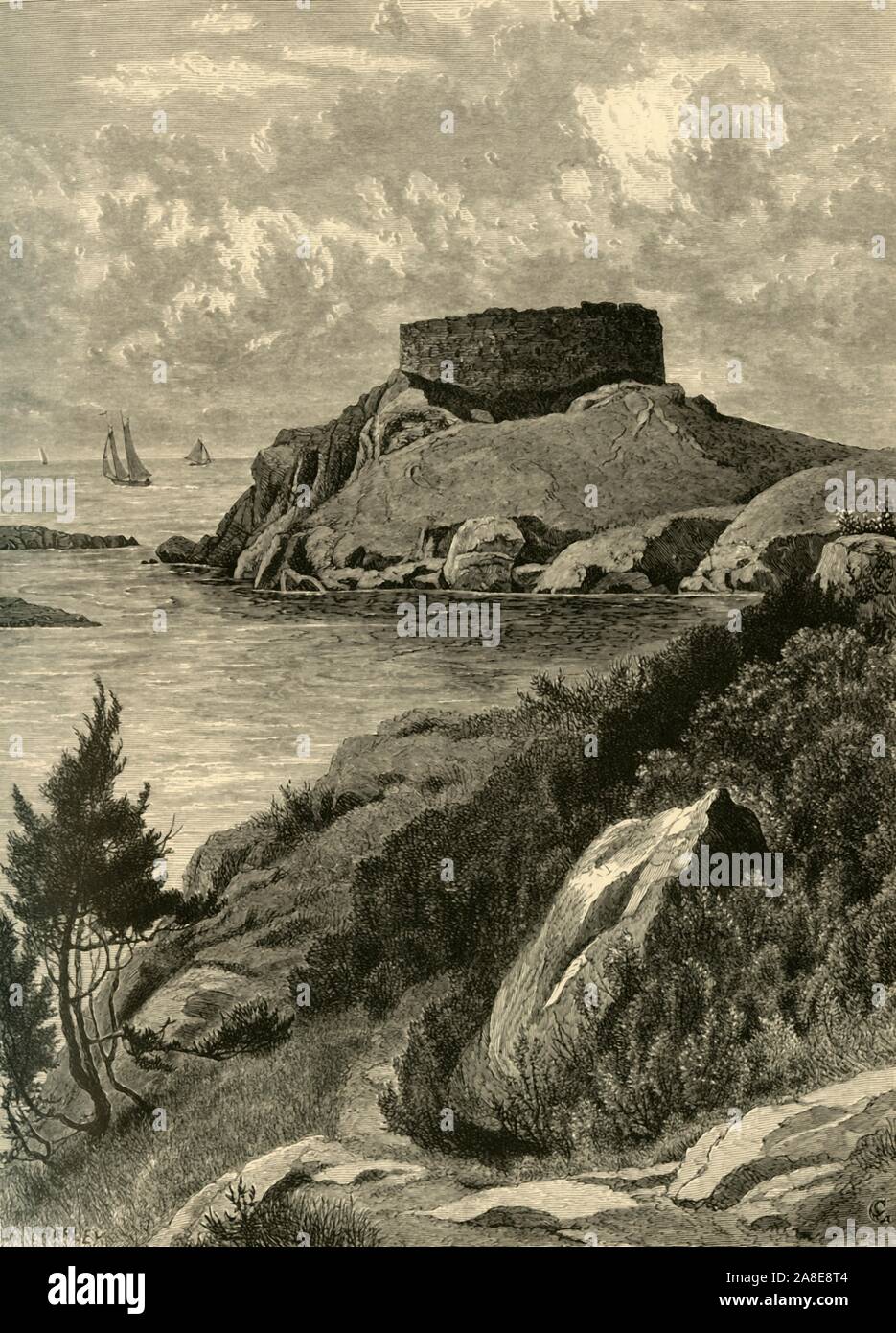 'Old Fort Dumpling', 1872. View of the fort, officially called Fort Louis and, later, Fort Brown, overlooking the entrance to Narragansett Bay, Jamestown, Rhode Island, USA. Construction began in 1798. From &quot;Picturesque America; or, The Land We Live In, A Delineation by Pen and Pencil of the Mountains, Rivers, Lakes...with Illustrations on Steel and Wood by Eminent American Artists&quot; Vol. I, edited by William Cullen Bryant. [D. Appleton and Company, New York, 1872] Stock Photo