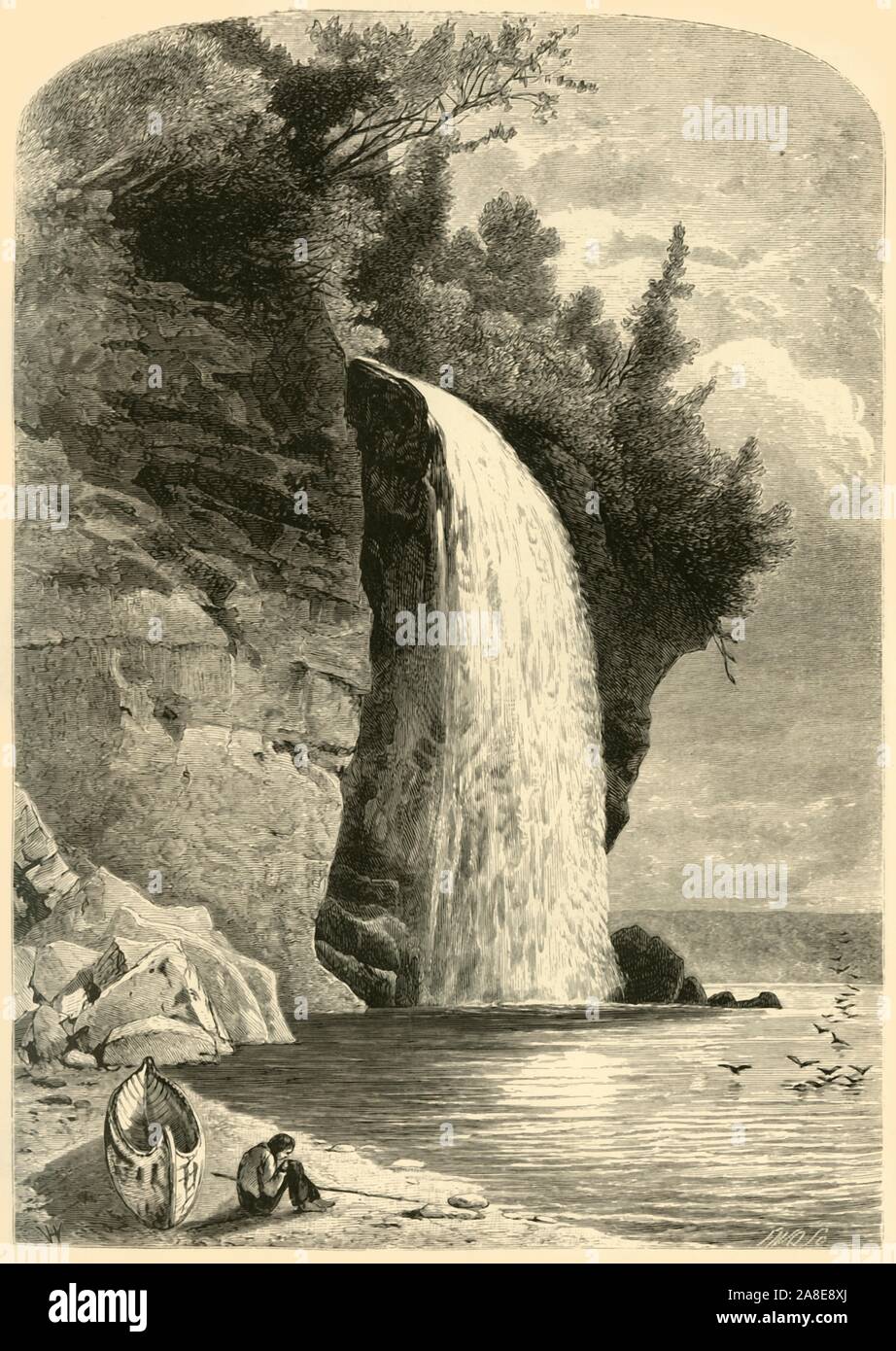 'Silver Cascade', 1872. Waterfall on Lake Superior, Minnesota, USA. 'The Silver Cascade falls from an overhanging cliff, one hundred and seventy-five feet, into the lake below. The fall of Niagara is one hundred and sixty-five feet, ten feet less than the Silver, which, however, is but a ribbon in breadth, compared to the &quot;Thunder of Waters&quot;. The Silver is a beautiful fall, and the largest among the Pictures [Pictured Rocks]; but the whole coast of Superior is spangled with the spray of innumerable cascades and rapids, as all the little rivers, instead of running through the gorges a Stock Photo