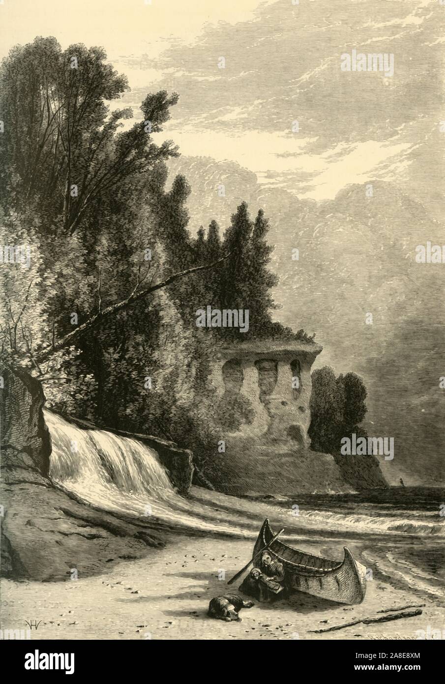 'Chapel Beach', 1872. Waterfall and Chapel Rock (known as La Chapelle by early European explorers), Lake Superior, Michigan, USA. 'This rock-chapel is forty feet above the lake...a temple, with an arched roof of sandstone, resting partly on the cliff behind, and partly on massive columns, as perfect as the columned ruins of Egypt...the continuous wash of the water in and out through holes in the sides is like the low, opening swell of an organ voluntary...A manitou dwelt in this chapel...On the chapel-beach the Indians performed their rites to appease him'. From &quot;Picturesque America; or, Stock Photo