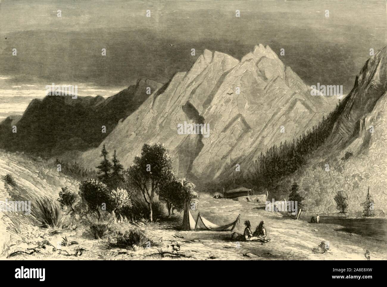 'Limestone Formation, on Pitt River', 1872. Geological feature near the Pit River in Northern California, USA. 'Here the Indians, known by the name of the river, are mostly to be found, encamped in great numbers on the plain...The river is quite rapid, but neither broad nor deep. It abounds in salmon...This accounts for the presence of the Indians, who secure the fish by spearing'. From &quot;Picturesque America; or, The Land We Live In, A Delineation by Pen and Pencil of the Mountains, Rivers, Lakes...with Illustrations on Steel and Wood by Eminent American Artists&quot; Vol. I, edited by Wil Stock Photo